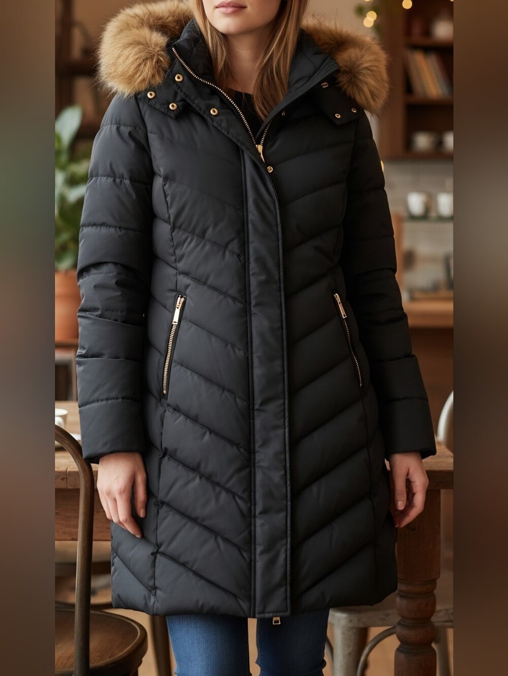 Navy Quilted Women's Coat with Faux Fur Hood